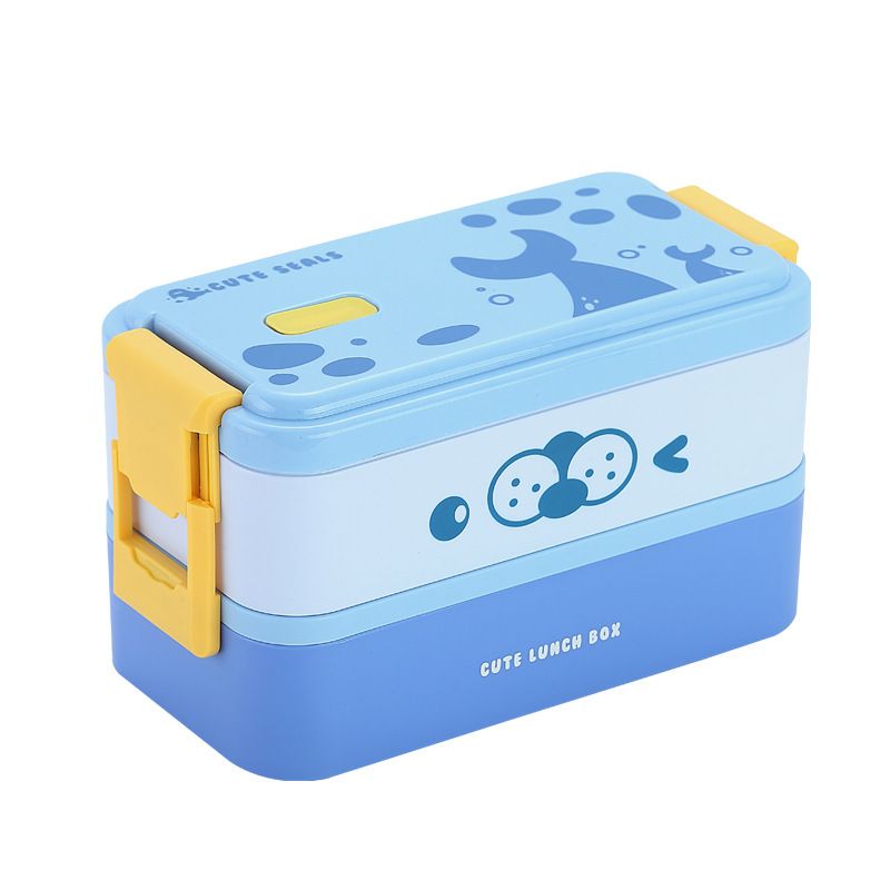 Cartoon Double-Layer Kids Compartment Plastic Buckle Lunch Box Student Lunch Bento Box with Lid Microwave Heating Food Container