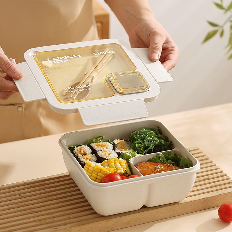 Japanese Style Wheat Straw Student Square Compartment Lunch Box Office Worker Portable Water Cup Porridge Jar Lunch Bento Box Set