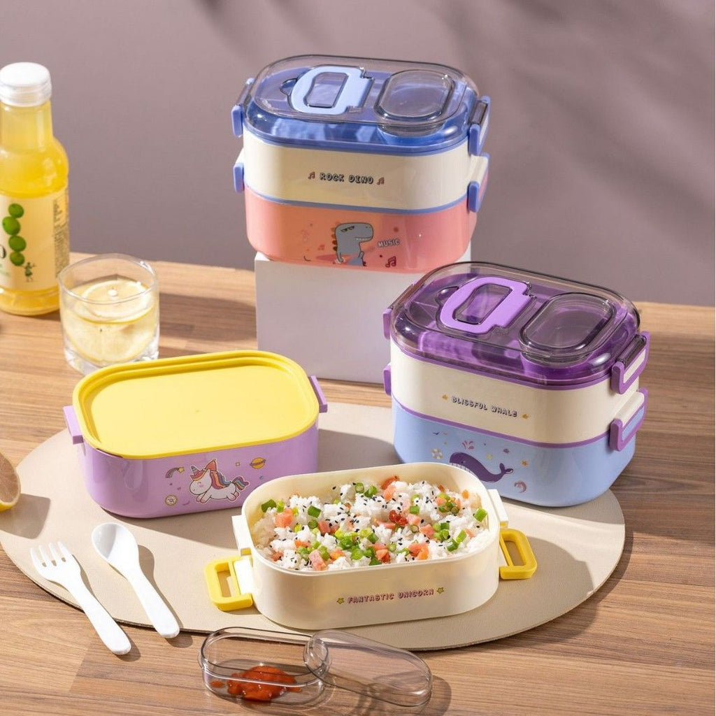 Cartoon Student Single/Double Layer Plastic PP Lunch Box with Lid Lunch Bento Box Kids Portable Food Container Sauce Box