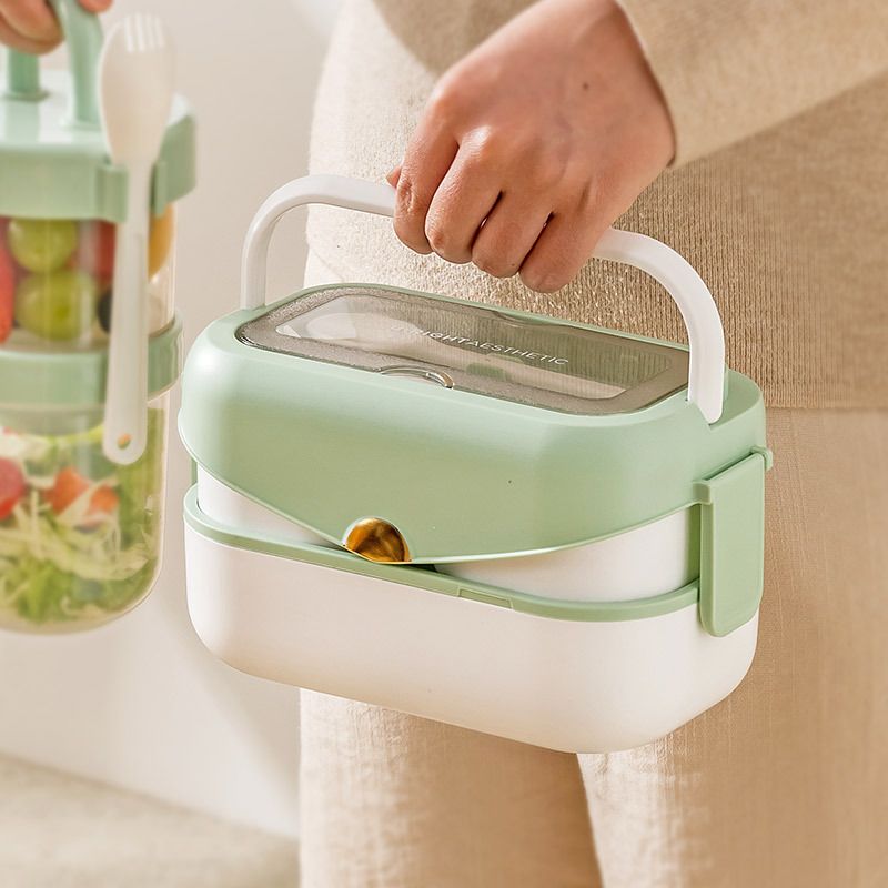 Fresh Double-Layer Compartment Lunch Box with Handle Student Large Capacity Stylish Plastic Lunch Bento Box with Spoon and Fork