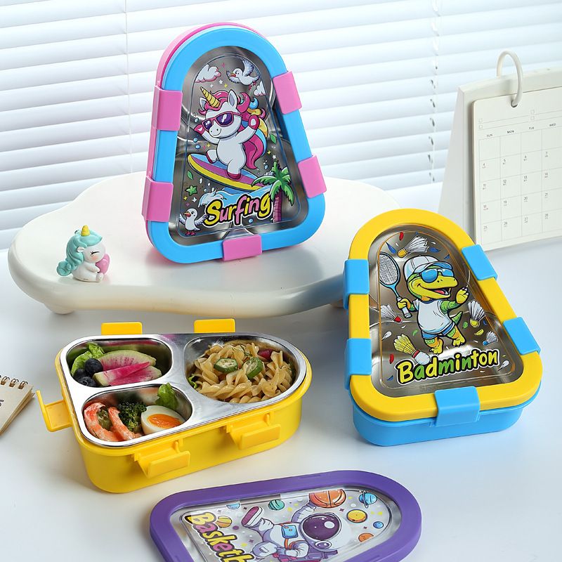 Student Cartoon 304 Stainless Steel Compartment Lunch Box with Spoon and Fork Cafeteria Dorm Takeout Lunch Bento Box with Lid