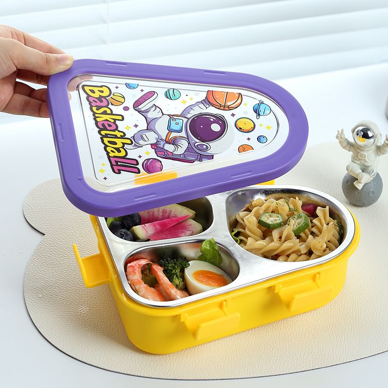 Student Cartoon 304 Stainless Steel Compartment Lunch Box with Spoon and Fork Cafeteria Dorm Takeout Lunch Bento Box with Lid