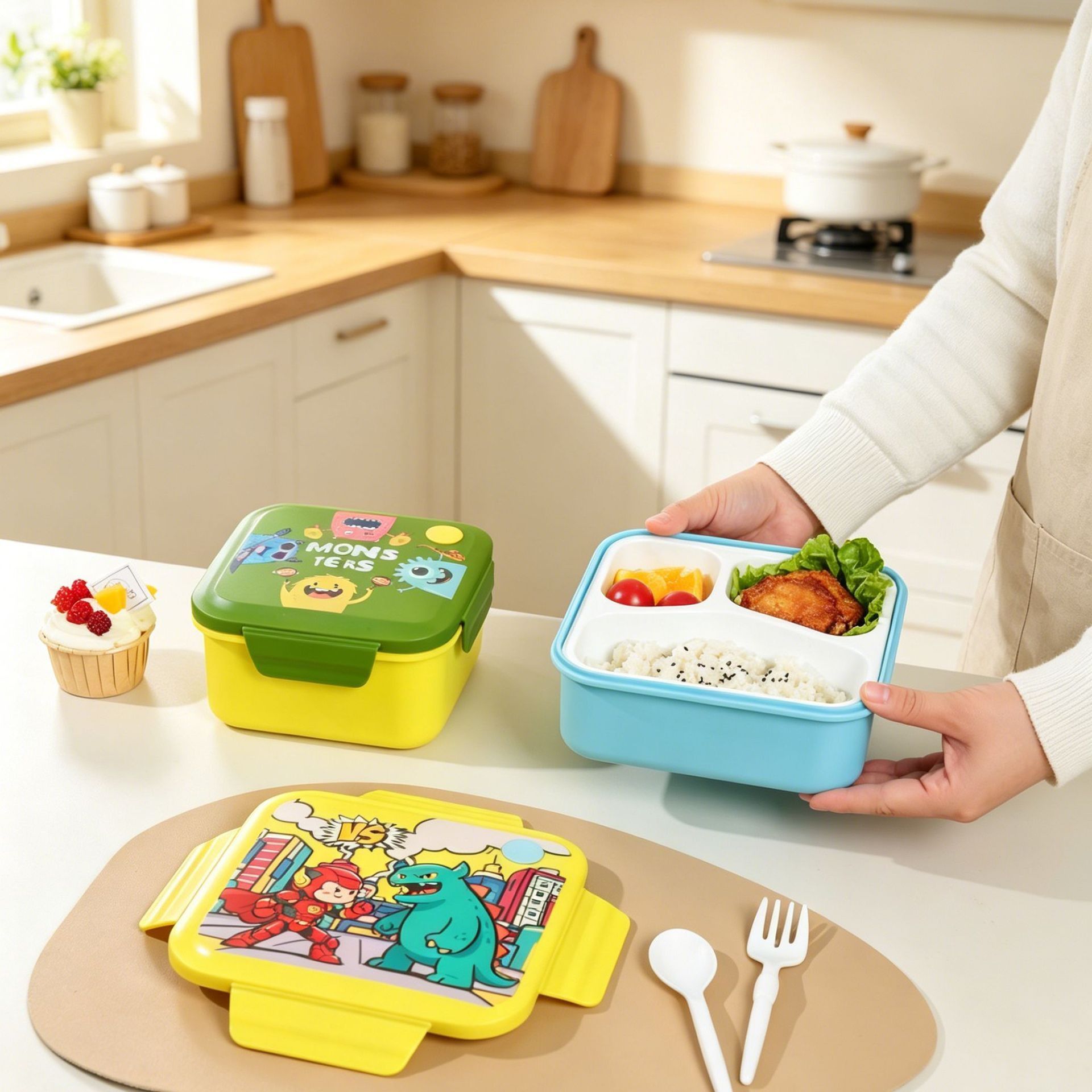 Small Lunch Box Cartoon Kids Bento Box Microwave Safe Plastic Lunch Box Student Compartment Lunch Box