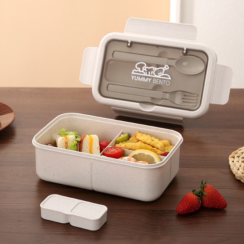 Minimalist Student Japanese Style Compartment Plastic PP Lunch Box Office Worker Cafeteria Takeout Lunch Bento Box with Lid Spoon and Fork