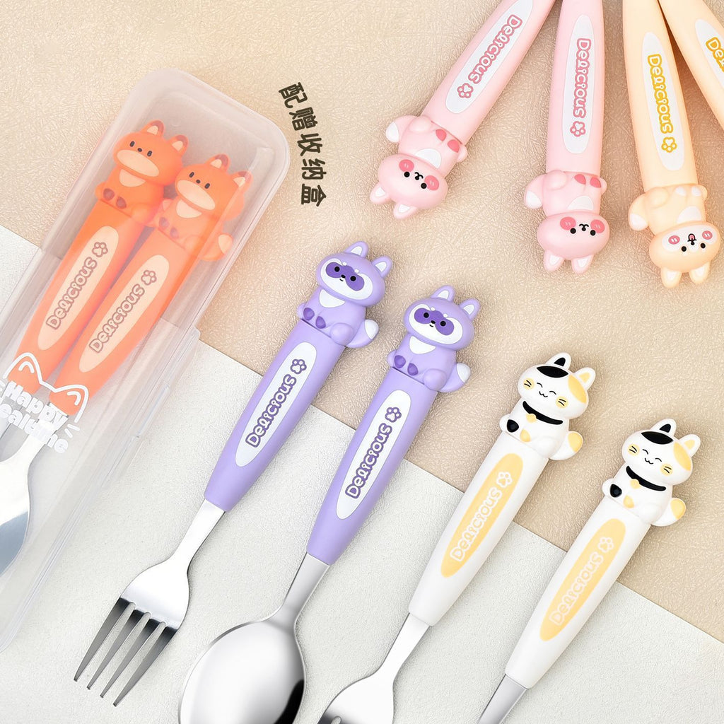 Cartoon Kitten Little Bear Kids Tableware Spoon and Fork Set Creative Gift Box Eating Stainless Steel Travel Portable Pack