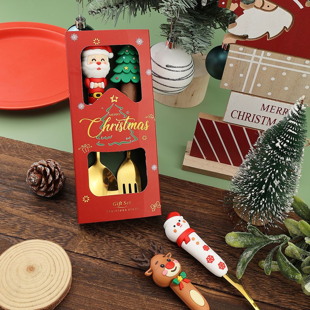 Christmas Spoon and Fork Creative Cartoon Santa Claus Reindeer Coffee Spoon Dessert Spoon Fruit Fork Gift Set