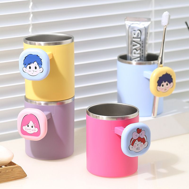 Household Cute Couple 304 Stainless Steel Mouthwash Cup Student Dorm Cartoon Toothbrush Cup with Handle Wash Cup