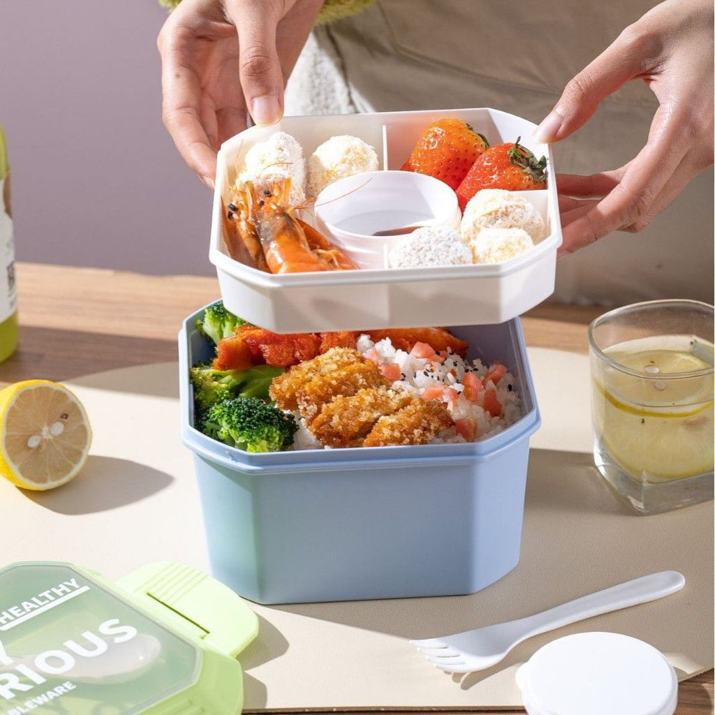 Student Fresh Square Buckle Double-Layer Lunch Box Office Worker Takeout PP Food Container Lunch Bento Box with Lid Spoon and Fork