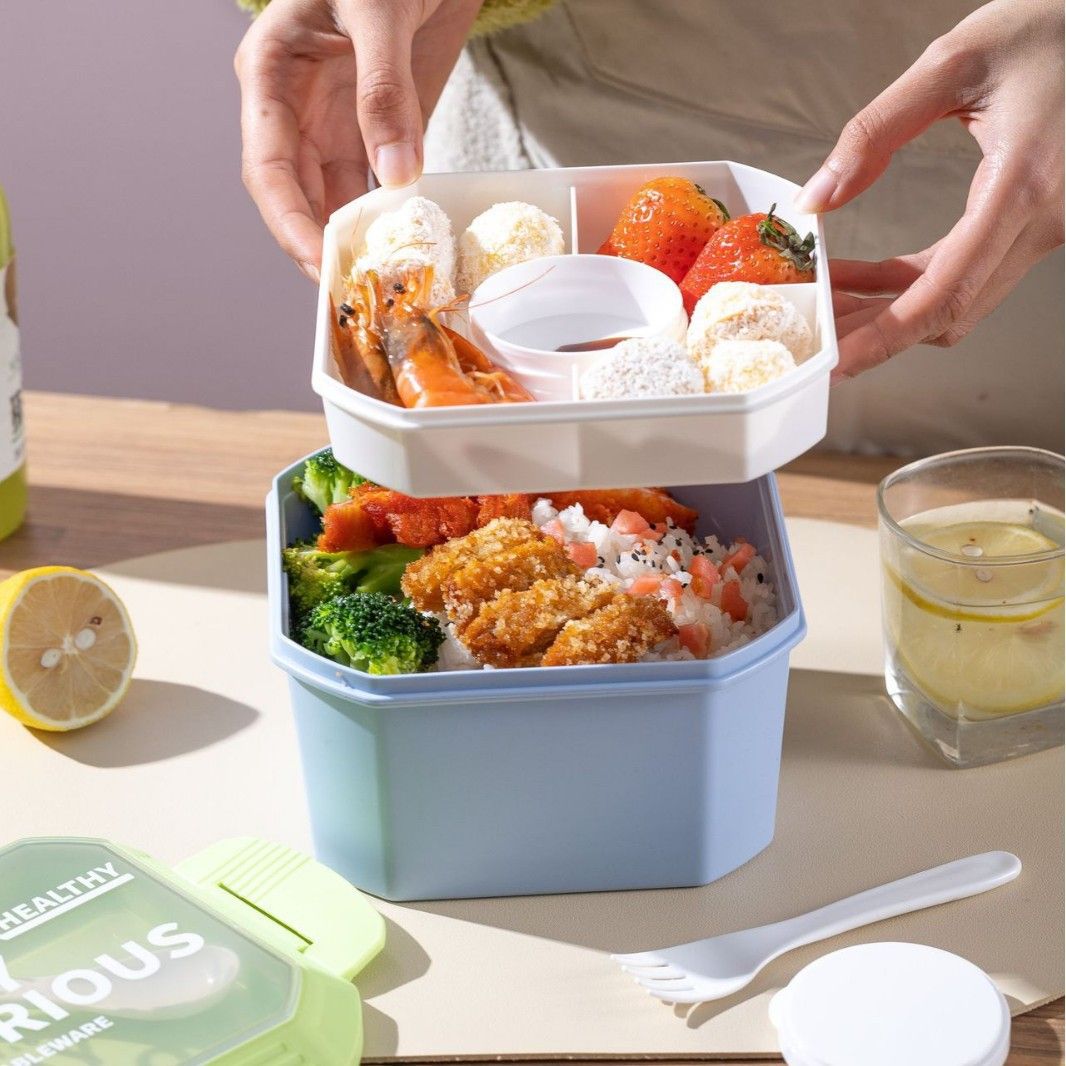 Student Fresh Square Buckle Double-Layer Lunch Box Office Worker Takeout PP Food Container Lunch Bento Box with Lid Spoon and Fork