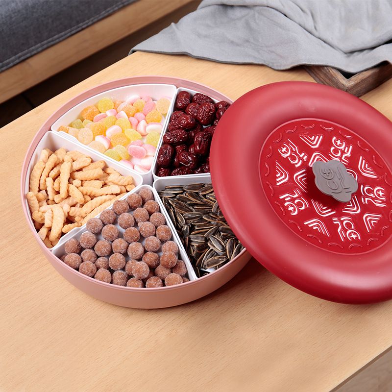 Household Festive Chinese Style Compartment Candy Box Hollow Snack Candy Box Round Plastic Nuts Sunflower Seeds Fruit Plate