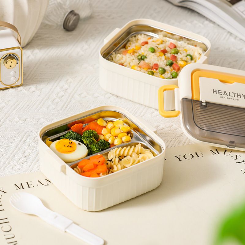 Student 304 Stainless Steel Lunch Box Office Worker Minimalist Lunch Bento Box Portable Food Container with Cutlery Spoon