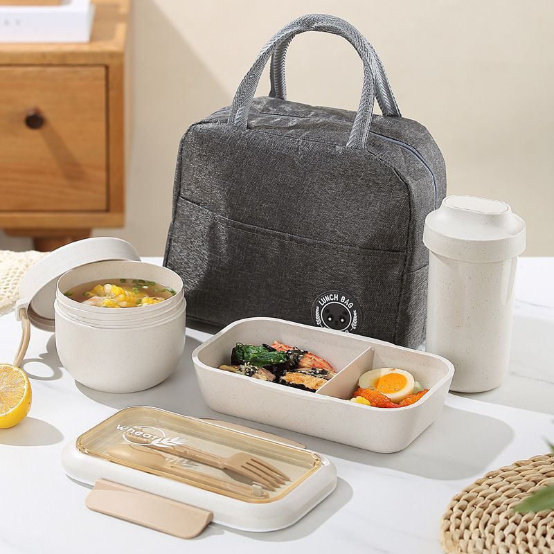 Student Compartment Wheat Lunch Box Microwave Safe Heating Office Worker Lunch Bento Box with Cutlery Water Cup Set