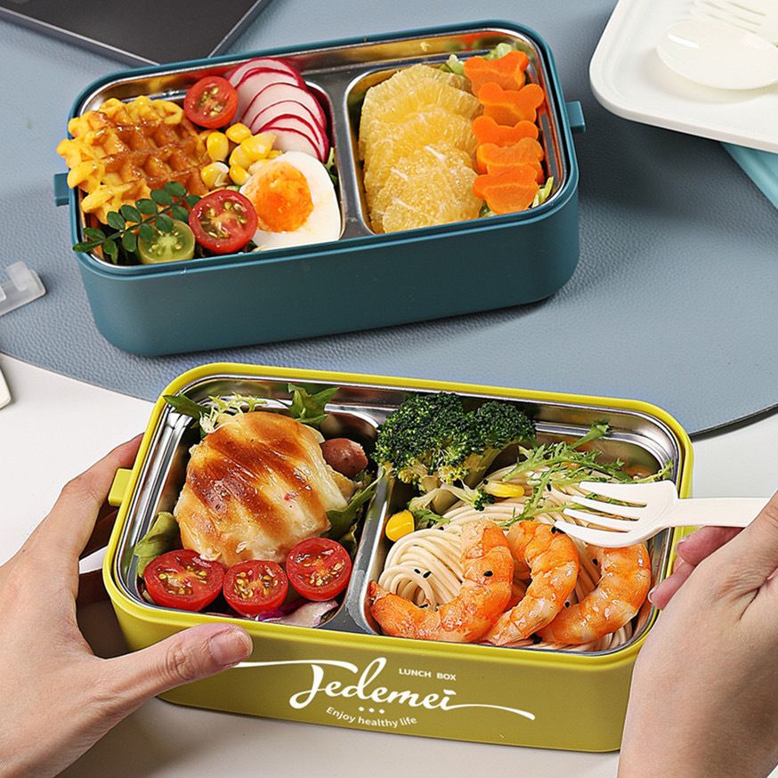 Caja de almuerzo bento de acero inoxidable 304 al por mayor, caja de comida estilo bento con asa