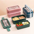 Creative Japanese Style Double-Layer Portable Bento Box Student Cafeteria Compartment Lunch Box with Spoon and Fork Microwave Safe Custom Logo Print