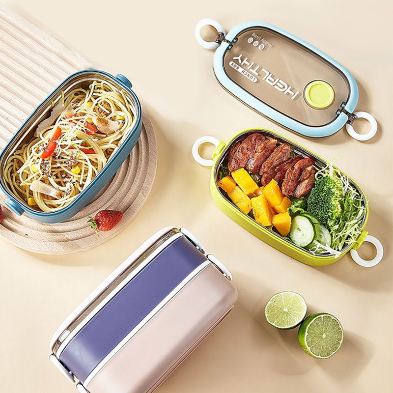 Office Worker Japanese Style Portable Portable Stainless Steel Double-Layer Lunch Box with Cutlery Student Stylish Lunch Box