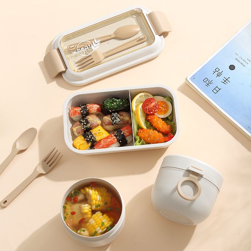 Student Japanese Style Wheat Lunch Box Microwave Safe Heating Office Worker Lunch Bento Box with Cutlery Water Cup Set