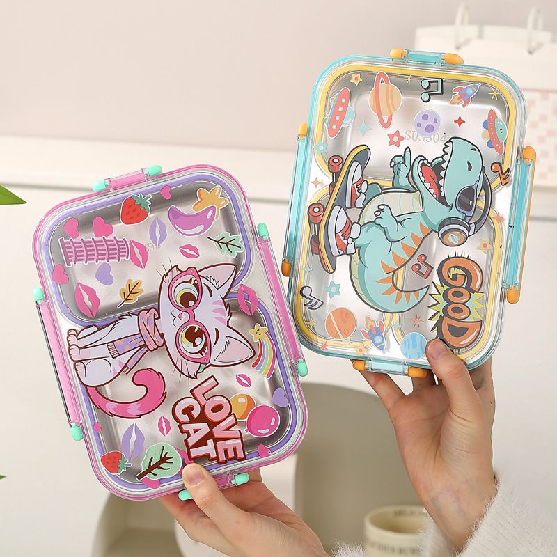 Student Large Capacity 304 Stainless Steel Compartment Lunch Box with Cutlery Kids Cartoon Snack Lunch Box