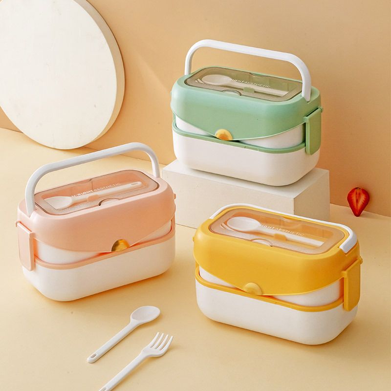 Fresh Double-Layer Compartment Lunch Box with Handle Student Large Capacity Stylish Plastic Lunch Bento Box with Spoon and Fork