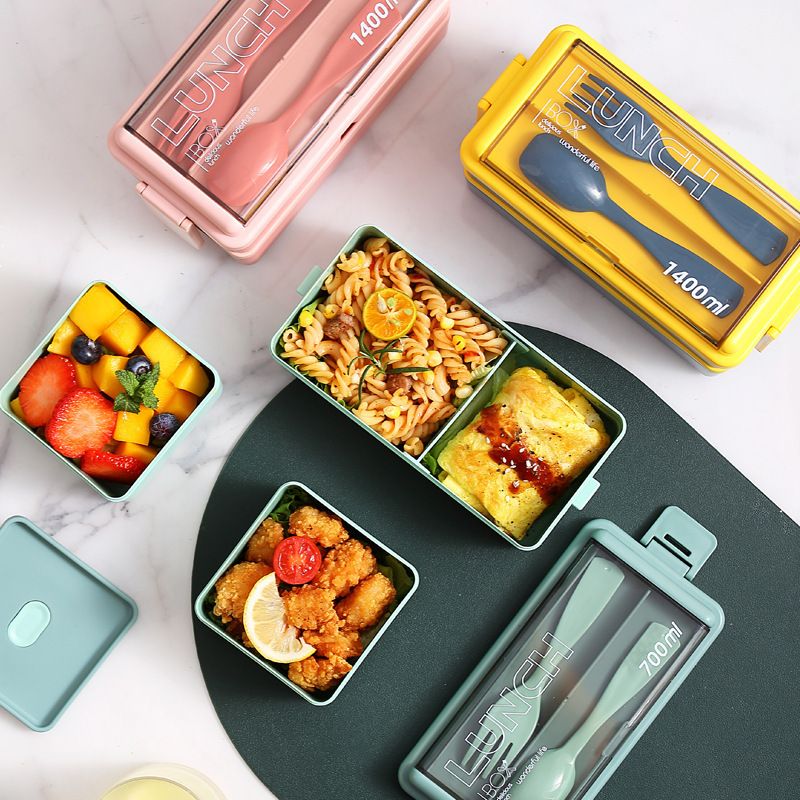 Minimalist Multi-Layer Compartment Office Worker Microwave Safe Heating Lunch Box Japanese Style Double-Layer Bento Box with Spoon and Fork Tableware