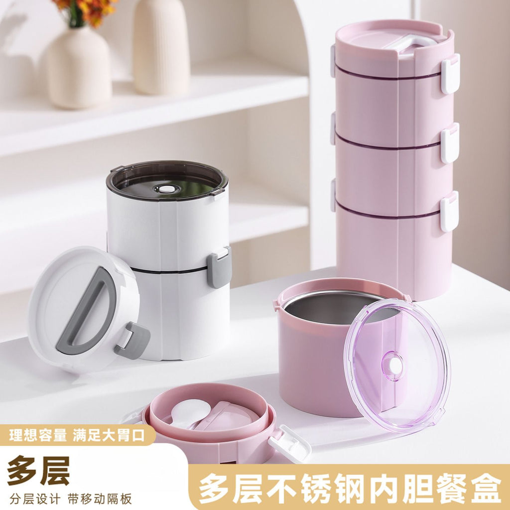 Minimalist Student Multi-Layer 304 Stainless Steel Lunch Box Large Capacity Office Worker Round Bucket Lunch Bento Box Food Container