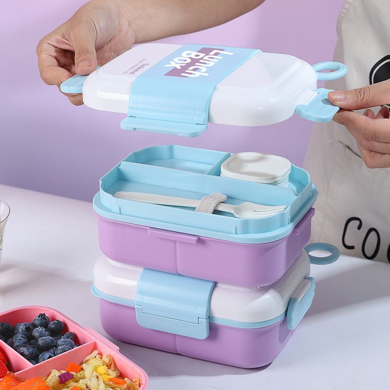 Student Rectangular Minimalist Plastic Compartment Lunch Box with Cutlery Office Worker Lunch Bento Box Portable Takeout Food Container