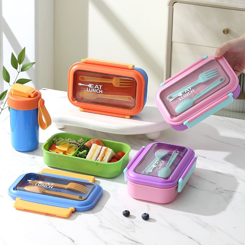 Student Minimalist 304 Stainless Steel Compartment Lunch Box with Cutlery Plastic Lunch Bento Box Water Cup Set