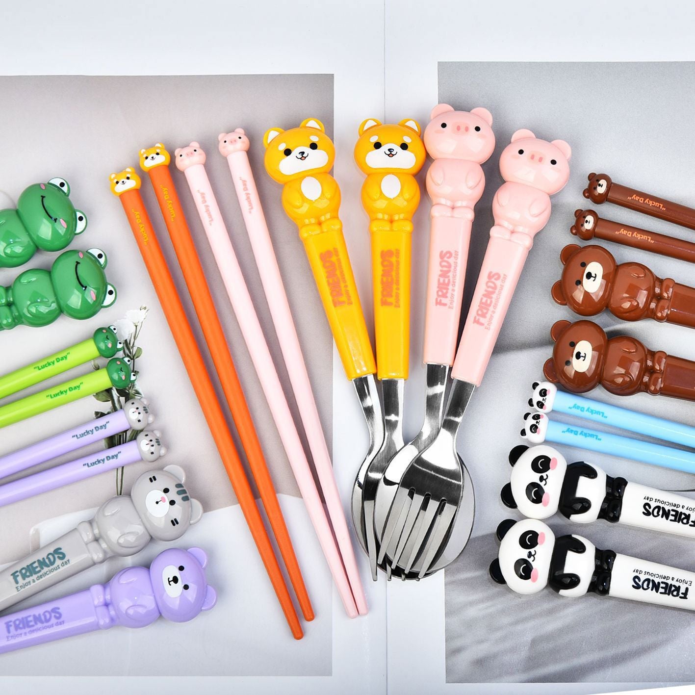 Cartoon Little Bear Frog Kids Stainless Steel Tableware Set Student Travel Portable Spoon, Fork and Chopsticks 3-Piece Set Gift