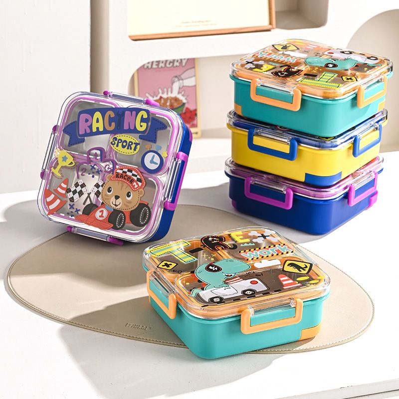 Student Cartoon Stainless Steel Compartment Lunch Box Large Capacity Square Lunch Bento Box Dopamine Food Container