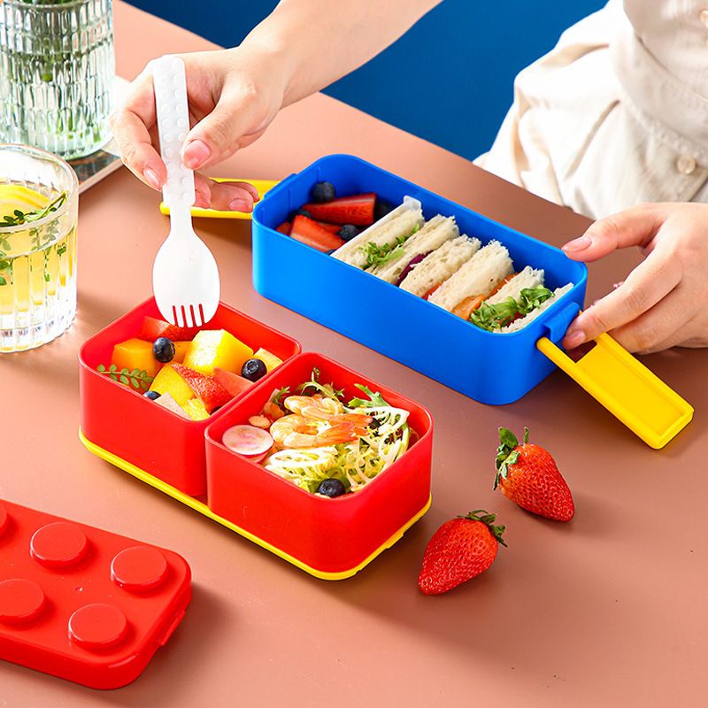 Creative Double-Layer Student Building Blocks Lunch Box Office Worker Compartment Lunch Bento Box Kids Food Container with Cutlery