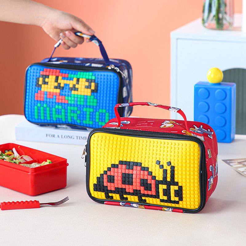 Cartoon Assemble Building Blocks Pixel Lunch Box Lunch Box Travel Portable Cartoon Makeup Storage Bag Picnic