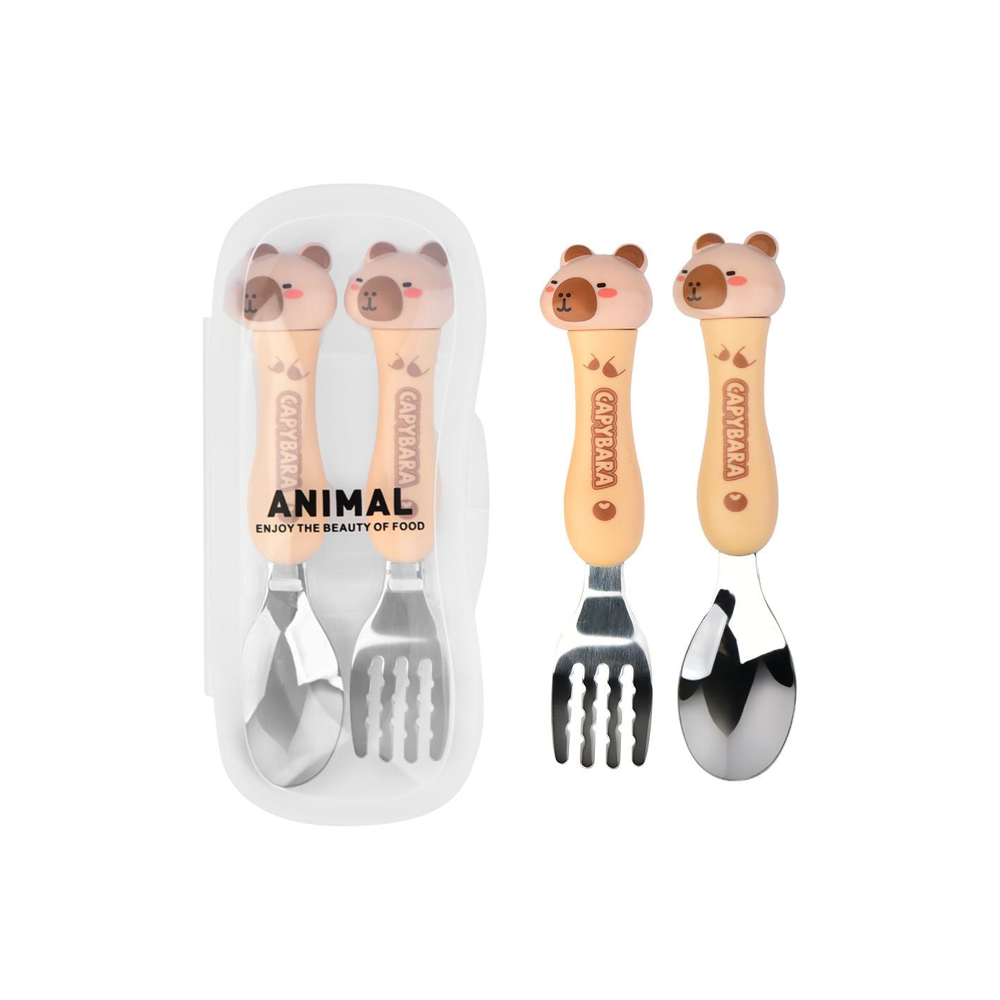 Cartoon 304 Stainless Steel Kids Tableware Set Student Storage Portable Spoon and Fork 2-Piece Set Combination Gift