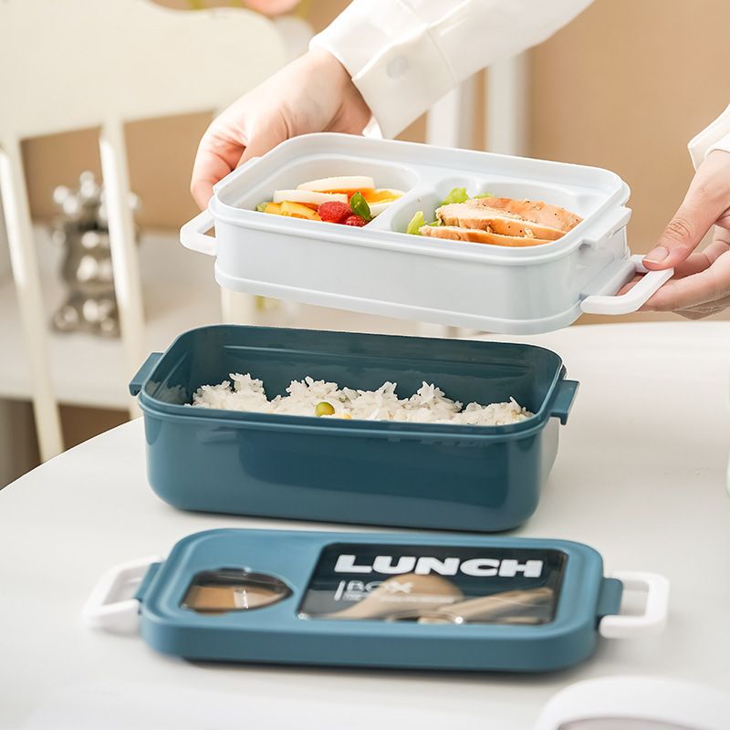 Minimalist Japanese Style Light Double-Layer Plastic Compartment Lunch Box Student Lunch Bento Box Microwave Safe Heating Sauce Box