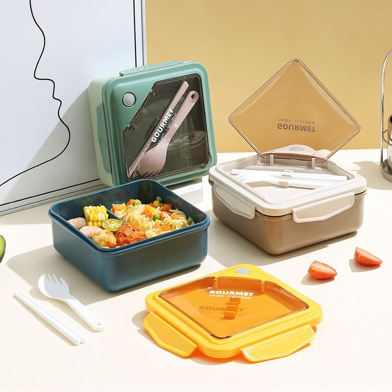 Student Korean Style Compartment Bento Lunch Box Office Worker Microwave Safe Heating Lunch Box with Spoon and Chopsticks