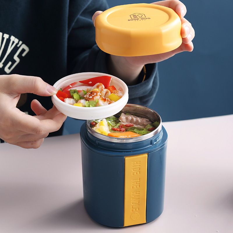 Creative Color Block Student Stainless Steel Soup Cup with Spoon Office Worker Bento Portable