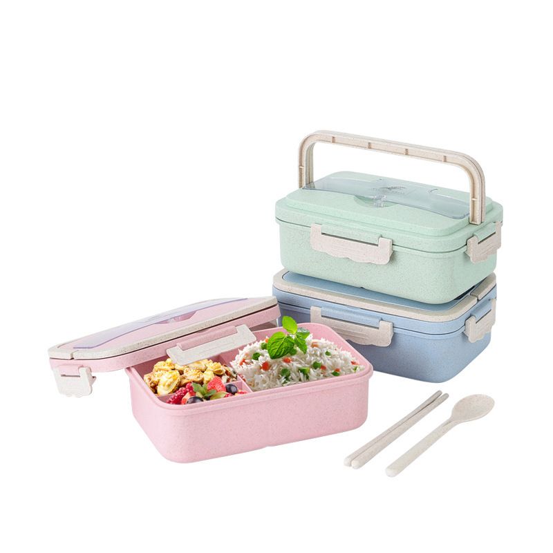 Wheat Straw Compartment Lunch Box Student Japanese Style Compartment Bento Box with Spoon and Chopsticks Microwave Safe Freshness Box