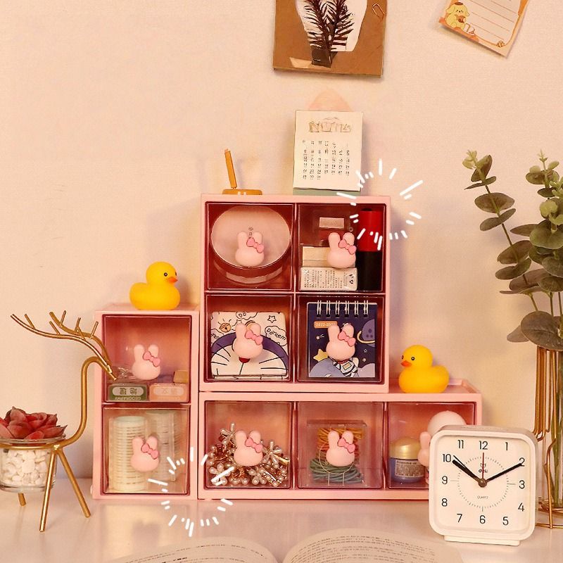 Cartoon Rabbit Student Desktop Storage Box Drawer-Type Compartment Stationery Clip Perler Beads Organizer Box Storage Box
