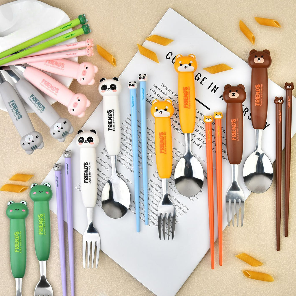 Cartoon Little Bear Student Spoon, Fork and Chopsticks 3-Piece Set Kids Portable Eating Tableware Set General Merchandise Gift