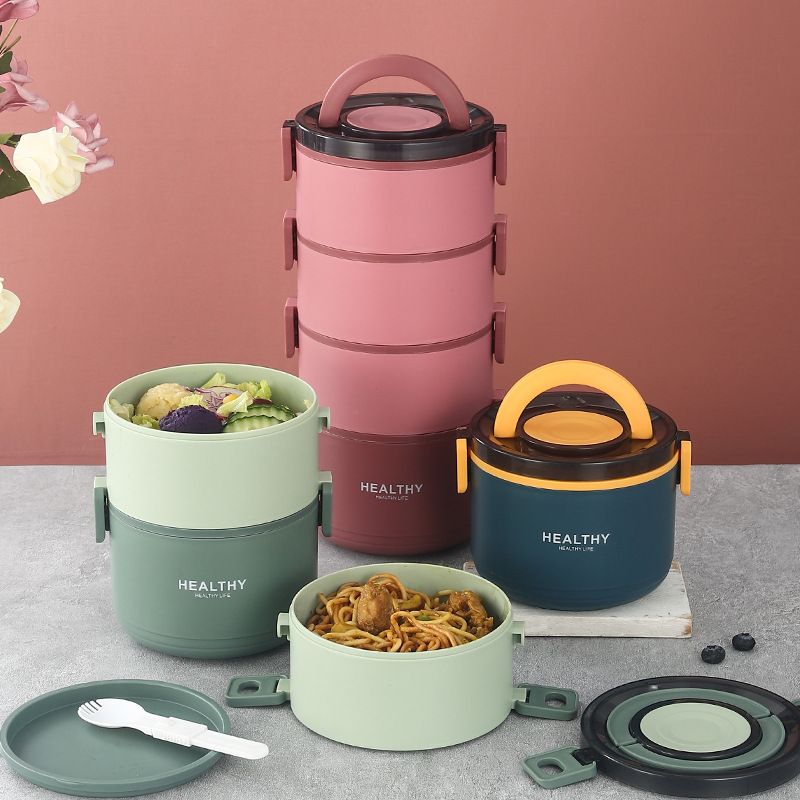 Creative 304 Stainless Steel Round Bucket Portable Multi-Layer Large Capacity Lunch Box Student Bento Food Container
