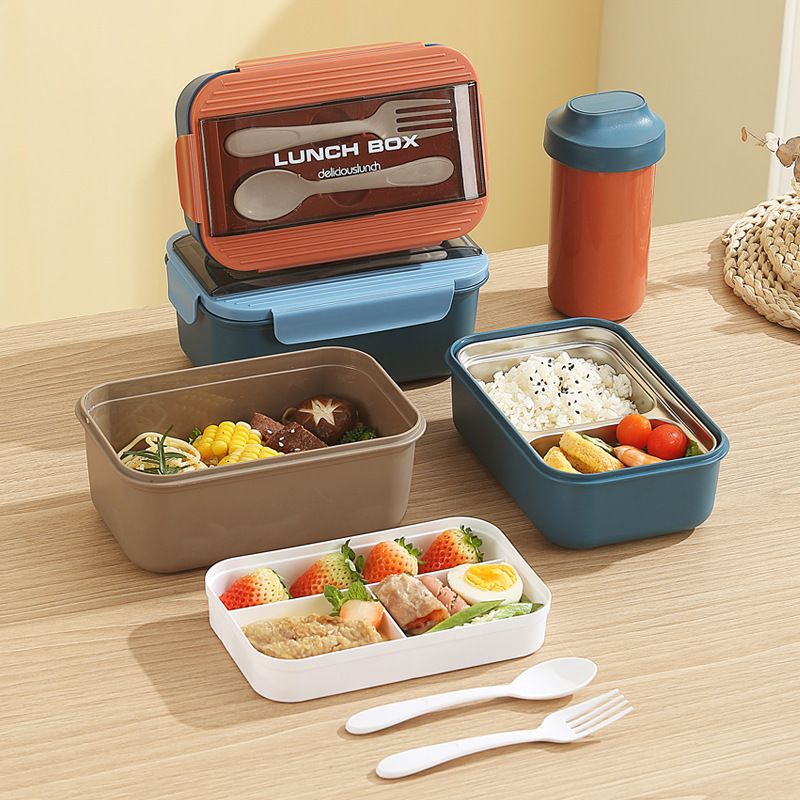 Office Worker Single/Double Layer Plastic Compartment Lunch Box Student 304 Stainless Steel Lunch Bento Box with Spoon and Fork