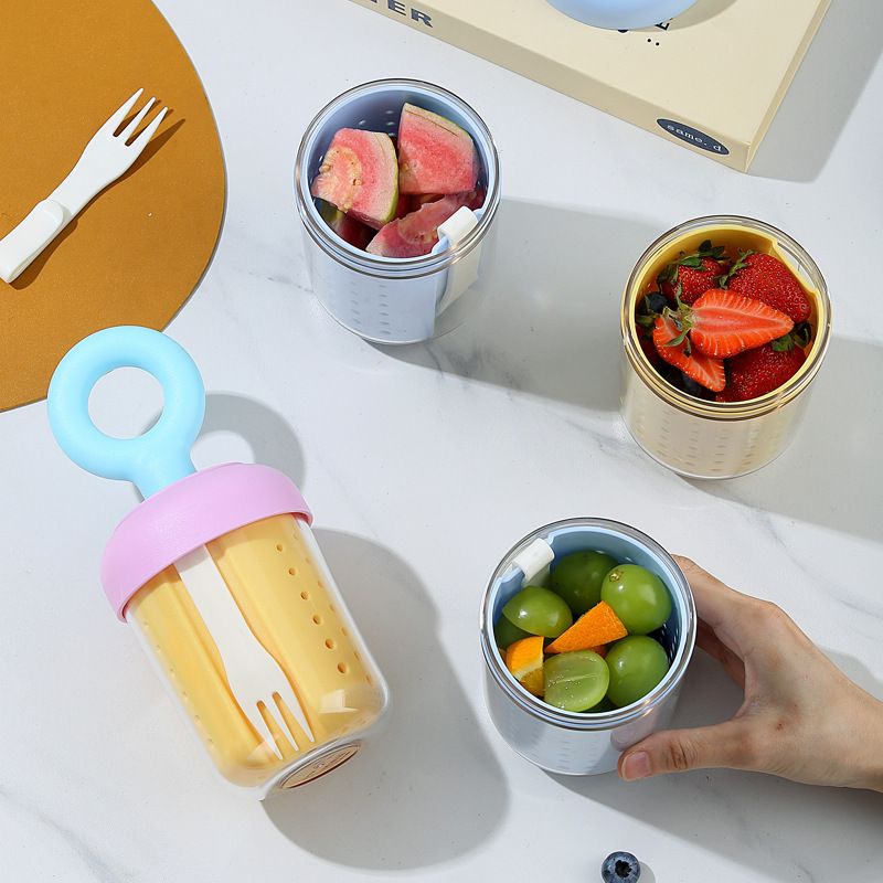 Stylish Student Oatmeal Cup Yogurt Cup Outdoor Picnic Camping Double-Layer Fruit Cup Fork Draining