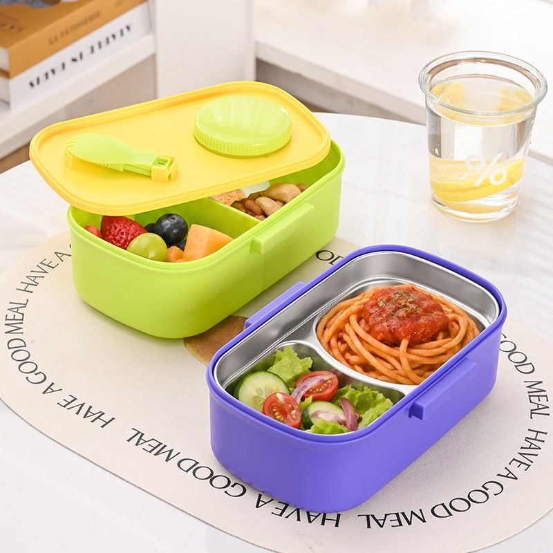 Cartoon 304 Stainless Steel Student Compartment Lunch Box Office Worker Portable Cafeteria Takeout Lunch Bento Box with Cutlery