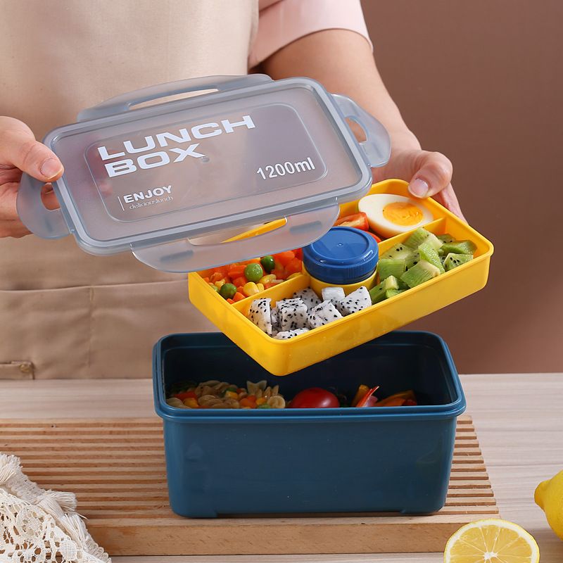 Japanese Style Student Plastic Double-Layer Lunch Box Office Worker Microwave Safe Heating Lunch Bento Box Takeout Food Container Sauce Box