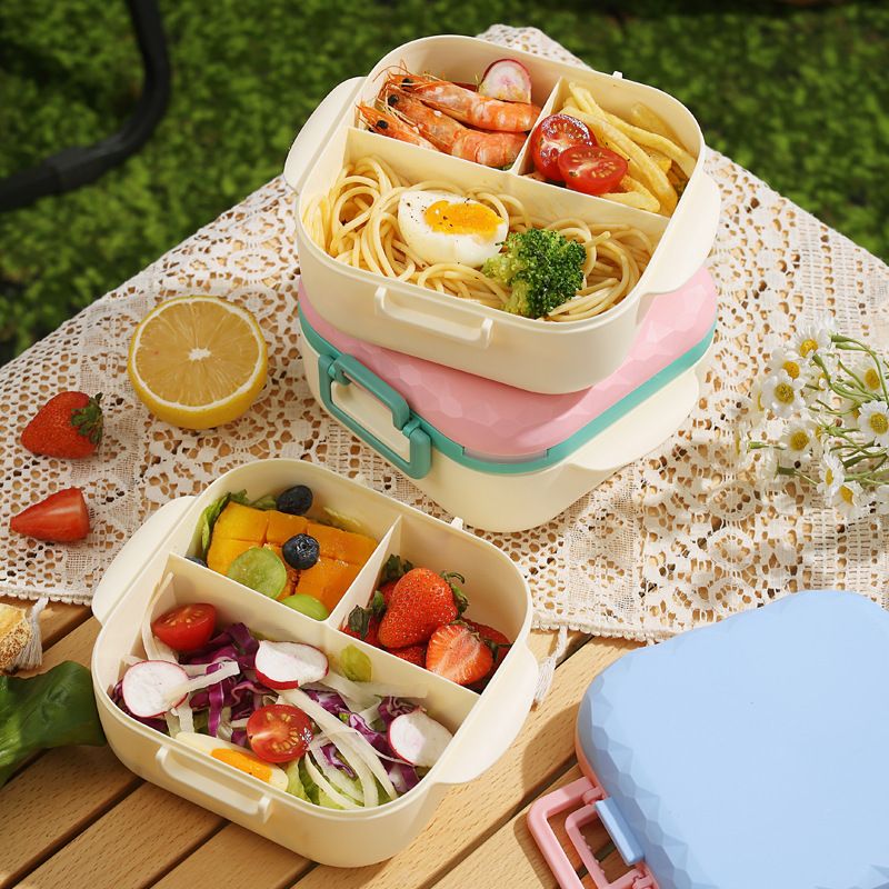 Minimalist Student Square Buckle Compartment Lunch Box with Cutlery Kids Picnic Camping Bento Box