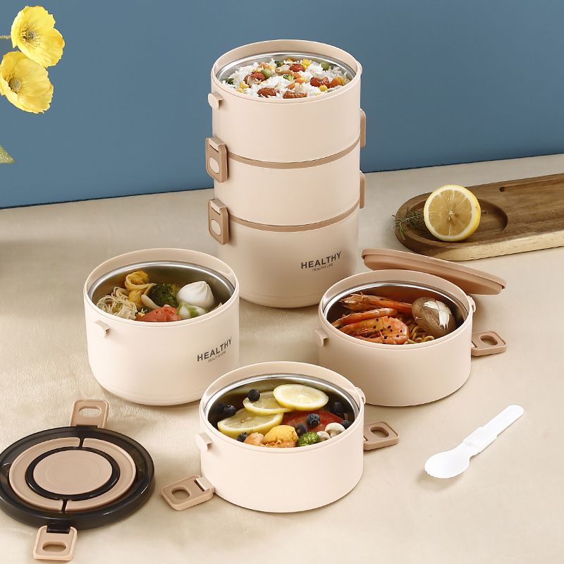 Minimalist 304 Stainless Steel Student Round Bucket Lunch Box Office Worker Portable Multi-Layer Bento Food Container Set