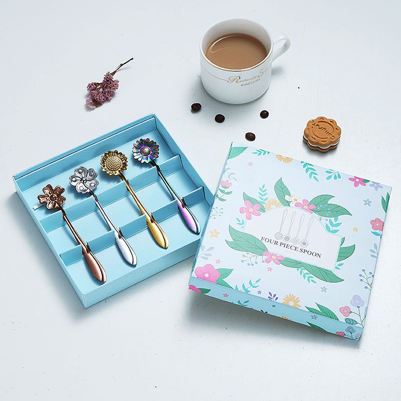 Creative 304 Stainless Steel Flower Shape Coffee Spoon Japanese Style Tableware Petal Spoon Coffee Spoon Stirring Flower Pattern Dessert Spoon