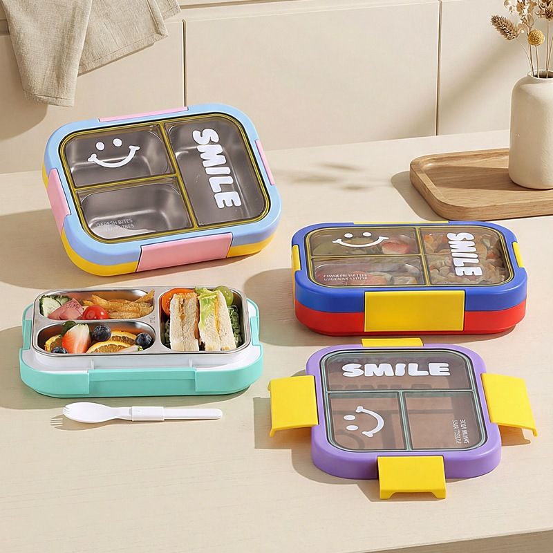 Minimalist 304 Stainless Steel Lunch Box Color Block Compartment Bento Box Student Cafeteria Takeout Food Container