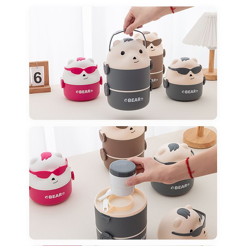 Creative Student Round Bucket Lunch Box Kids Plastic Portable Double-Layer Lunch Bento Box with Cutlery