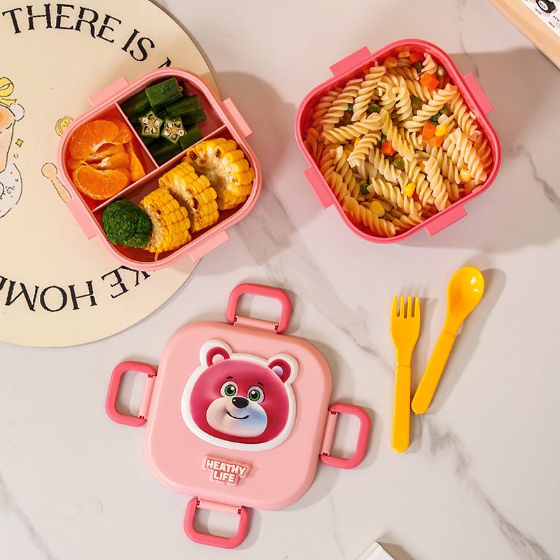 Kids Cartoon Cute and Fun Square Double-Layer PP Plastic Lunch Box with Cutlery Student Lunch Bento Box with Lid Microwave Safe