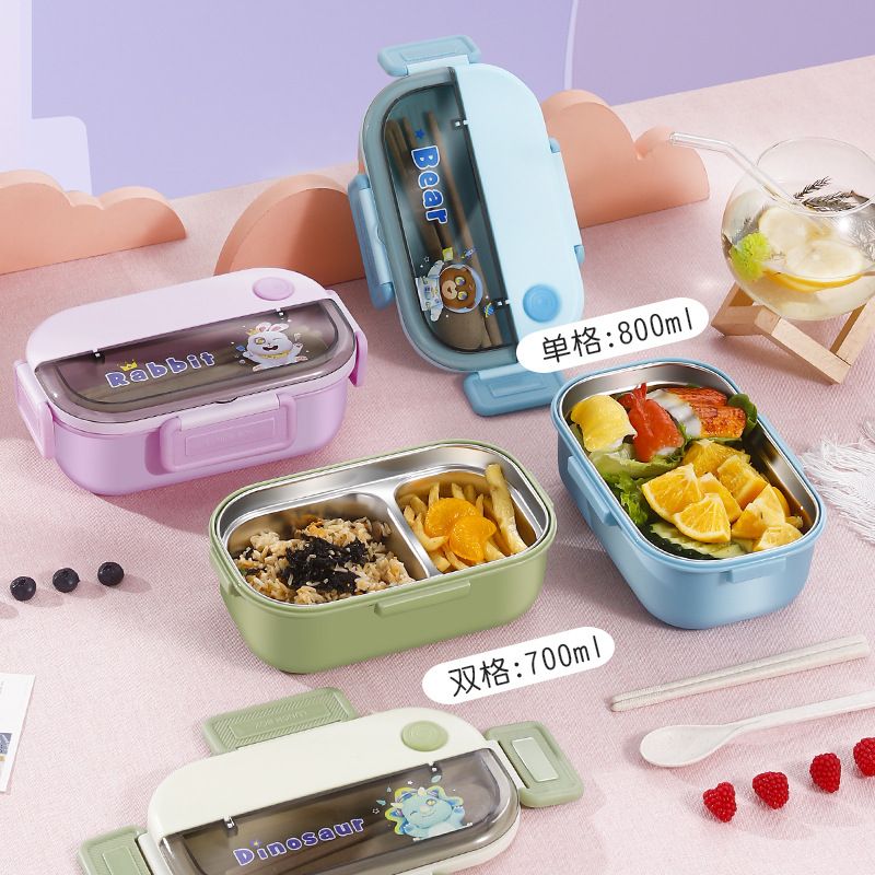 Cartoon Student 304 Stainless Steel Compartment Lunch Box Dorm Cafeteria Takeout Food Container Light Bento Lunch Box with Lid