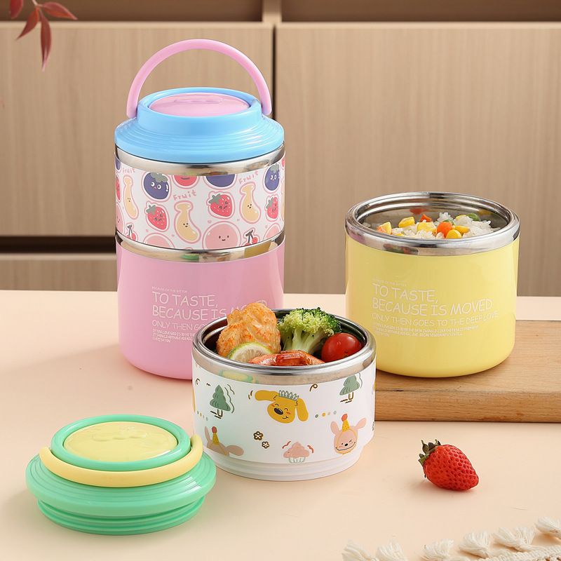 Student Creative Cartoon Double-Layer 304 Stainless Steel Round Bucket Lunch Box Kids Lunch Bento Box Portable Food Container